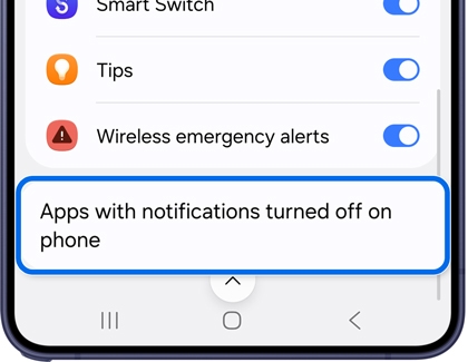 App notifications screen scrolled to the bottom, showing Apps with notifications turned off on phone highlighted.