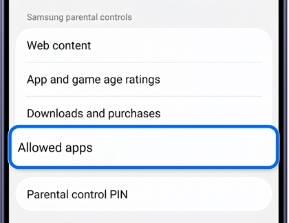 Allowed apps selected in the Samsung parental controls settings on a Galaxy device.