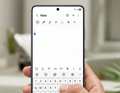A hand holding a Galaxy S26 Ultra showing the Notes app with a status bar missing the clock and app icons.