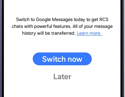 A Galaxy S26 Ultra showing a notification to switch to Google Messages with a blue Switch now button.