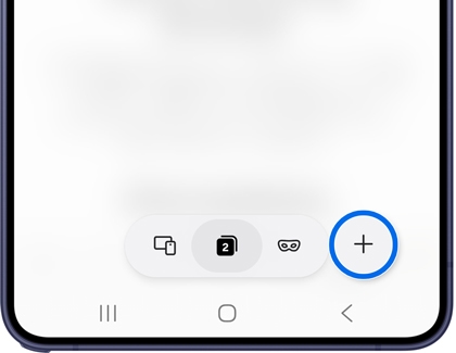 A Galaxy phone showing the Samsung Browser Tabs screen with the New tab button highlighted in blue in the bottom toolbar.