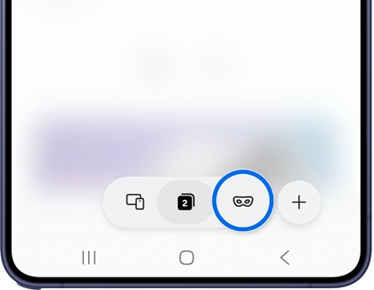 A Galaxy phone showing the Samsung Browser Tabs screen with the Secret mode button highlighted in blue in the bottom toolbar.