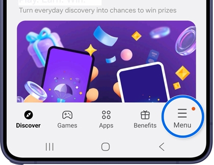 A Galaxy S26 Ultra screen showing the Galaxy Store bottom navigation bar with the Menu icon highlighted in a blue circle.