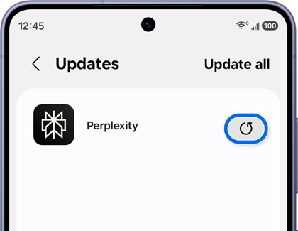 A Galaxy S26 Ultra screen showing the app updates page with an update icon highlighted in blue next to the Perplexity app.