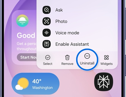 A Galaxy S26 Ultra screen showing an app shortcut menu with the Uninstall option highlighted in a blue circle.
