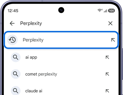 A Galaxy S26 Ultra screen showing a search history list with Perplexity highlighted in a blue box.