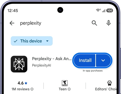 A Galaxy S26 Ultra screen showing the Google Play Store page for Perplexity with the Install button highlighted in blue.