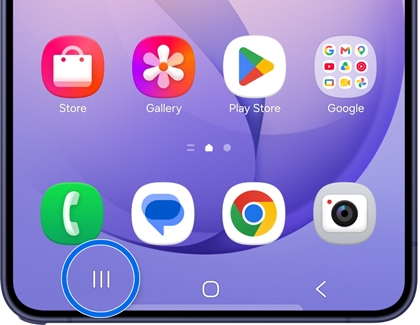 A Galaxy phone showing the home screen with the Recent apps button highlighted in blue in the navigation bar.