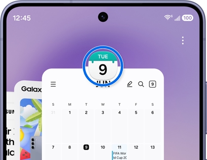 A Galaxy phone showing the Recent apps screen with the Calendar app highlighted in blue.