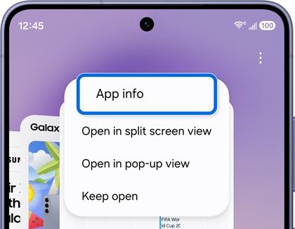 A Galaxy phone showing a Recent apps menu with App info option highlighted in blue and other app options listed below.