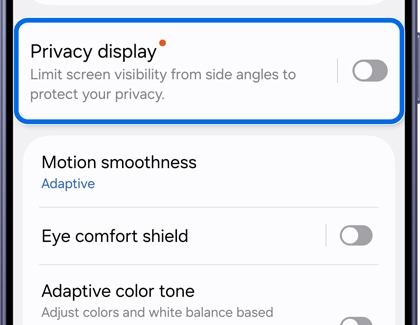  Galaxy phone showing the Display settings with the Privacy display option highlighted in blue and toggled off.