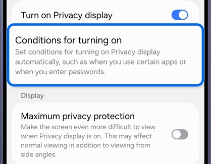 A Galaxy phone showing the Privacy display settings with the Conditions for turning on option highlighted in blue.