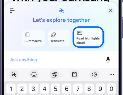 A Galaxy phone showing the Browsing Assist panel with Read highlights aloud option highlighted in blue.