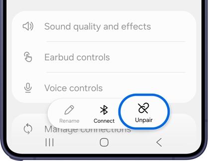 Bluetooth Settings menu with the Unpair option highlighted at the bottom.