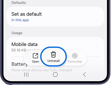 App info screen with Uninstall button highlighted.