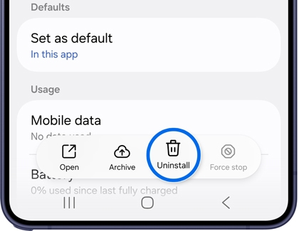 App info screen with the Uninstall button highlighted.