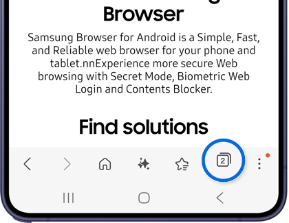 A Galaxy phone showing the Samsung Browser with the Tabs button highlighted in blue in the bottom toolbar.