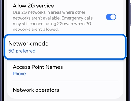 Mobile networks menu with Network mode highlighted.