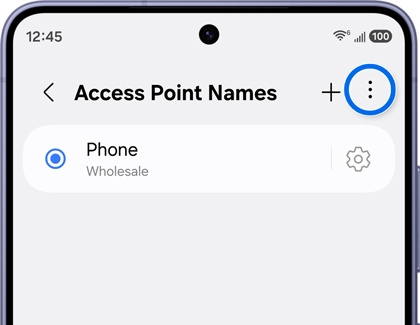 Access Point Names screen with the More options icon highlighted in the top right.