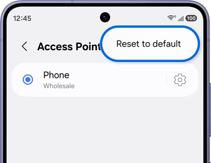 Access Point Names screen with the Reset to default button highlighted in the top right.