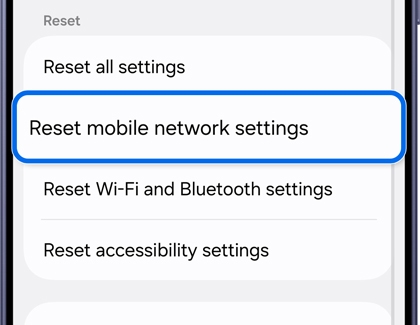 Reset menu with the Reset mobile network settings option highlighted.