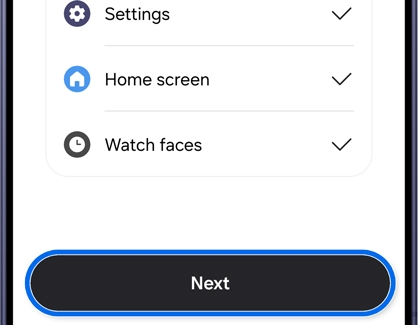 Data restored confirmation screen with the Next button highlighted.