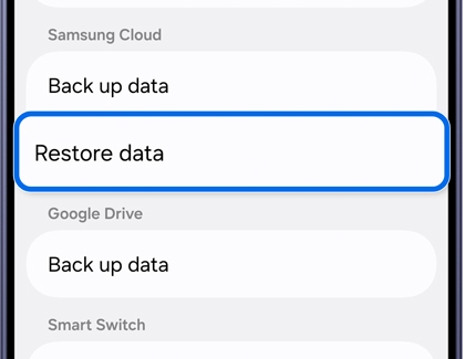 Accounts and backup menu with Restore data highlighted under Samsung Cloud.