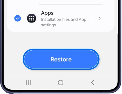 Restore data screen with selectable items and the Restore button highlighted.