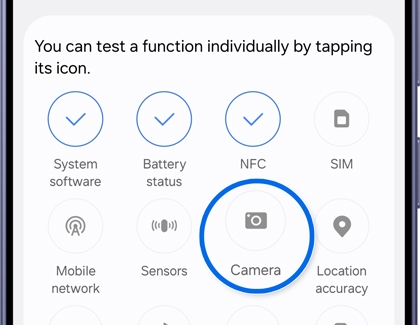 Phone diagnostics list with the Camera option selected.