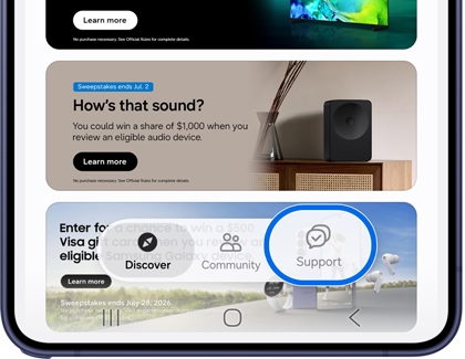 Samsung Members app home screen with the Support option highlighted.