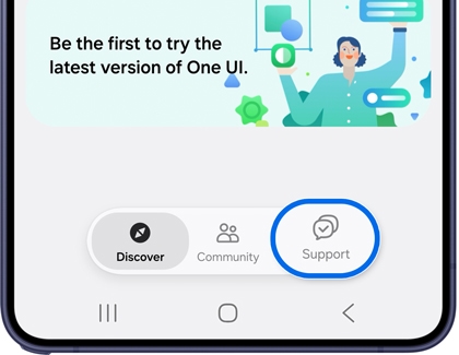Samsung Members app home screen with the Support option highlighted.