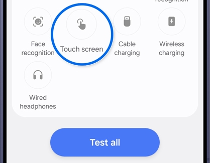 Phone diagnostics list with the Touch screen option highlighted.