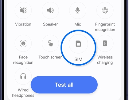 Phone diagnostics list with the SIM option highlighted.