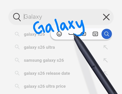 A stylus pen writing the word Galaxy in blue on a white search bar screen of a Galaxy S26 Ultra.