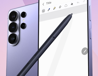 A dark grey stylus pen touching the screen of a purple Galaxy S26 Ultra, which is displaying a note app.