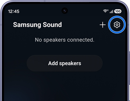 A Galaxy S26 Ultra showing the Samsung Sound app with the settings gear icon highlighted in a blue circle.