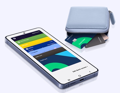 A Galaxy S26 Ultra showing various digital cards in the Samsung Wallet app next to a light blue leather physical wallet.
