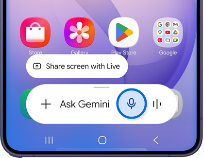 A Galaxy S26 Ultra screen showing the Ask Gemini assistant bar with the microphone icon circled in blue.