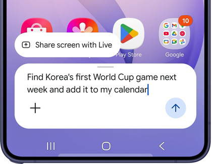 A Galaxy S26 Ultra screen showing a typed prompt to find a World Cup game and add it to the calendar.