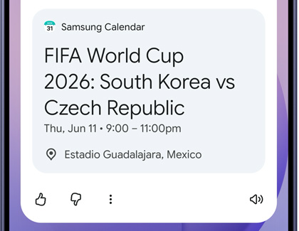 A Galaxy S26 Ultra screen showing a Samsung Calendar card for a World Cup match.