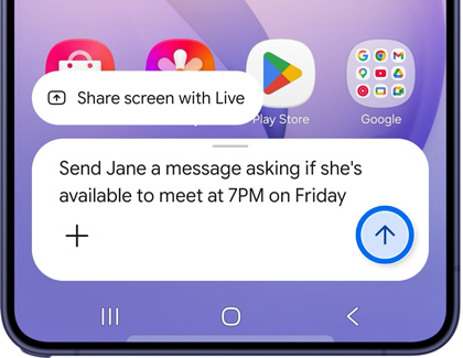 A Galaxy S26 Ultra screen showing a typed message prompt with the send button circled in blue.