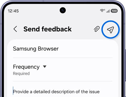 A Galaxy S26 Ultra showing the Send feedback screen with the paper plane send icon highlighted in a blue circle.