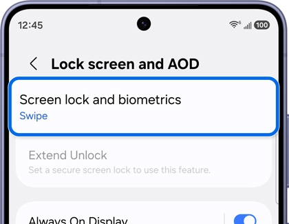Screen lock and biometrics highlighted in the Lock screen and AOD screen.