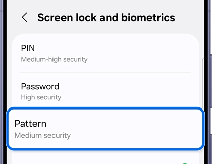 Screen lock and biometrics screen with Pattern highlighted.