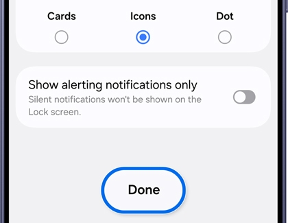 Lock screen notification settings screen with the Done button highlighted.