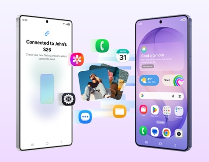 A white Galaxy S26 Ultra transferring apps and photos wirelessly to a purple Galaxy S26 Ultra using Smart Switch.