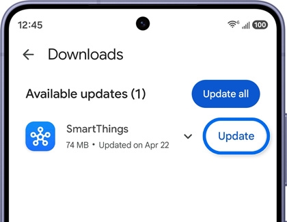 A Galaxy S26 Ultra screen showing the downloads page with the update button for the SmartThings app highlighted in blue.