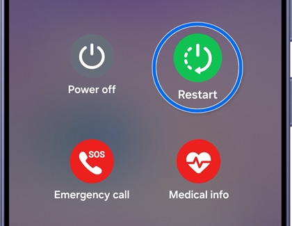 A Galaxy S26 Ultra screen showing the power menu with the green restart button highlighted in blue.