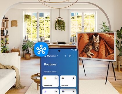 A purple Galaxy S26 Ultra showing the SmartThings Routines menu in a living room with a Samsung TV.