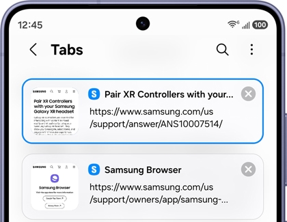 Galaxy phone showing the Samsung Browser Tabs screen with the Pair XR Controllers tab highlighted in blue.